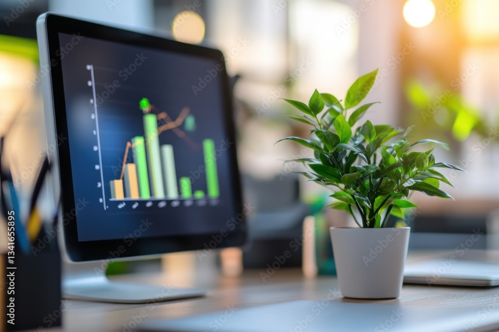 Poster modern office workspace with computer displaying bar graph and potted green plant accent