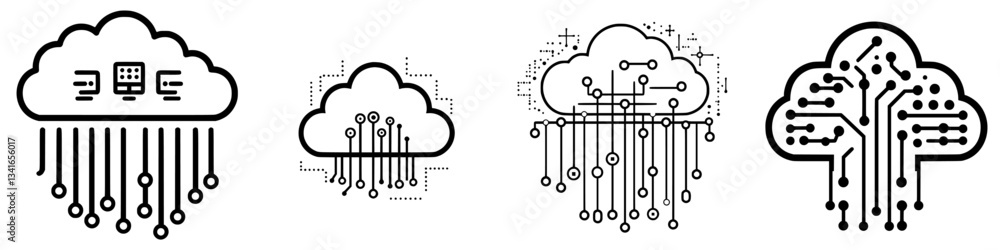 Poster various cloud computing symbols illustrating data transfer and connectivity in technology