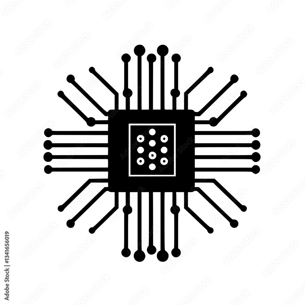 Poster intricate design of a microchip showcasing electrical connections and circuit pathways in a symmetri