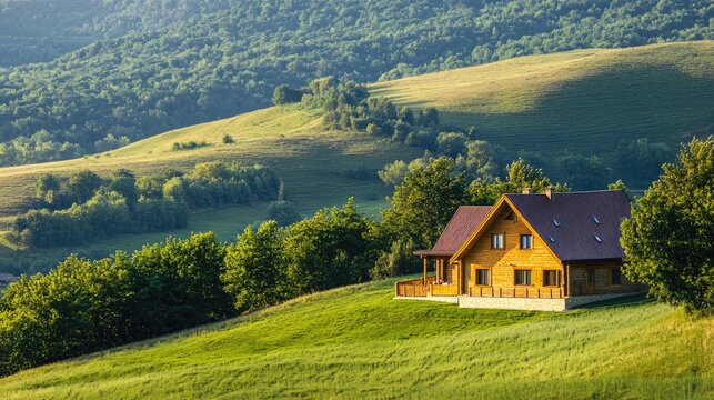 A luxurious vacation home with a backdrop of rolling hills.