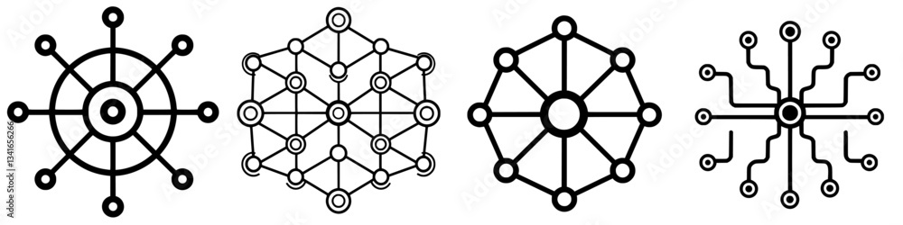 Poster network design concepts showcased through black and white geometric patterns representing connectivi