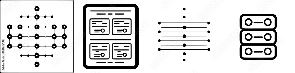 Poster visual representations of data structures illustrating grid, card, line, and stack formats for infor