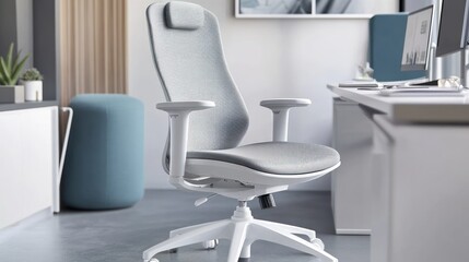 A compact ergonomic office chair with a white plastic frame, a soft grey cushioned seat