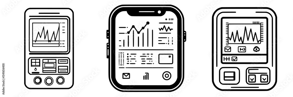 Poster graphical displays of data trends on multiple digital devices illustrating analytics and monitoring
