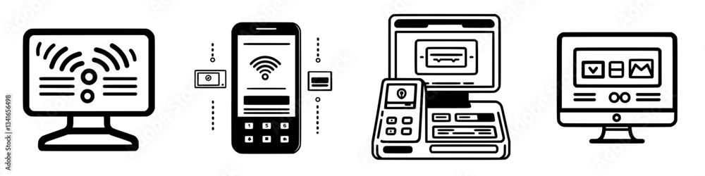 Poster digital devices connected through technology with icons illustrating communication and data transfer