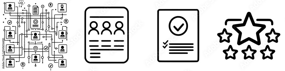 Poster digital networking concepts showcasing user profiles, validation processes, and feedback rating syst