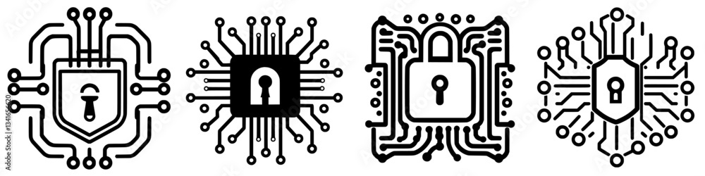 Poster digital security symbols showcasing padlocks and circuit patterns for cybersecurity concepts