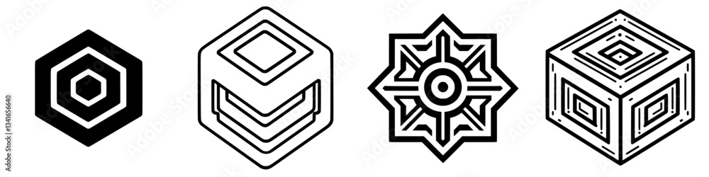 Poster various geometric patterns displayed in black and white on a neutral background showcasing clean lin