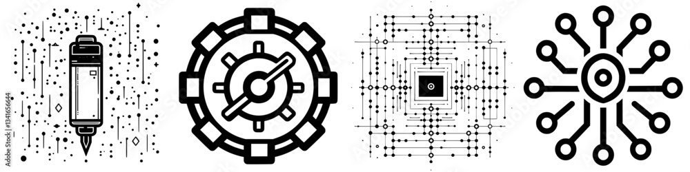 Poster digital technology symbols representing data processing, circuits, and innovation in a modern design
