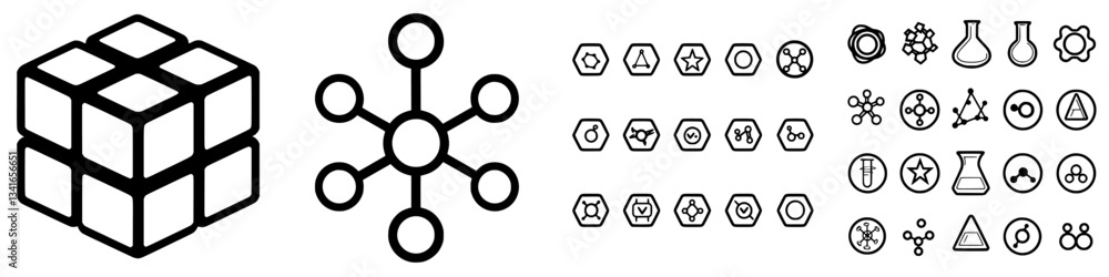 Poster creative representation of interconnected symbols and geometric shapes used in science and technolog
