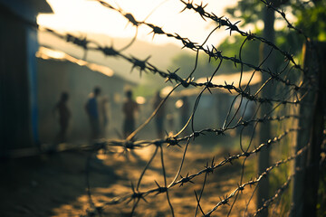 Barbed wire fence separating refugee camp at sunset golden hour metal sharp image photo border people