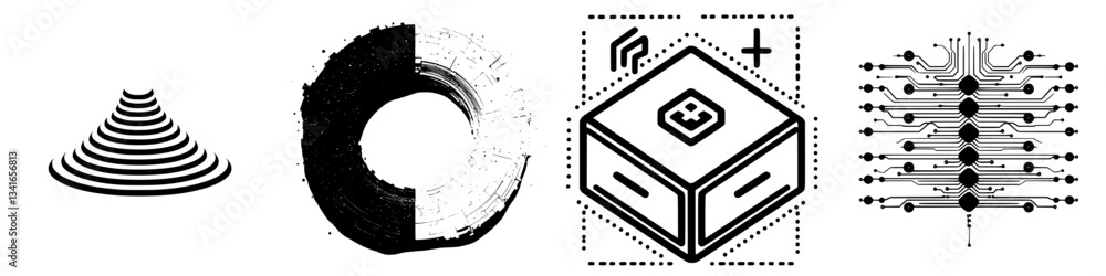 Poster geometric shapes and abstract designs representing technology in a monochrome color scheme