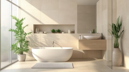 Fototapeta premium A contemporary bathroom with a minimalist design, neutral tones, and small green plants placed on shelves