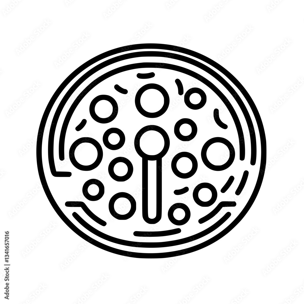 Poster circular design featuring intricate line patterns resembling a pizza or abstract art with multiple r