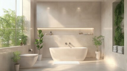 A contemporary bathroom with a minimalist design, neutral tones, and small green plants placed on shelves