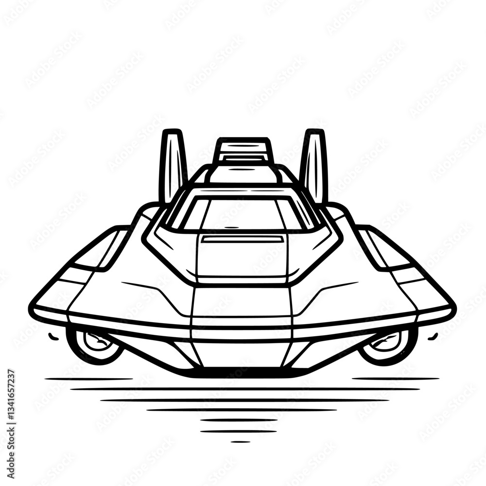 Poster futuristic hovercraft design featuring sleek lines and advanced technology in a minimalist style