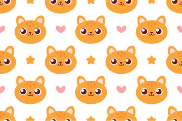 Seamless kawaii-style vector pattern of doodled animals like foxes, bears, rabbits, and cats. Big eyes, rounded shapes, minimalistic expressions, and pastel backgrounds. perfect for nursery textiles