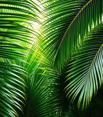 Dense tropical palm leaves form a lush green background, tropical leaves background, exotic