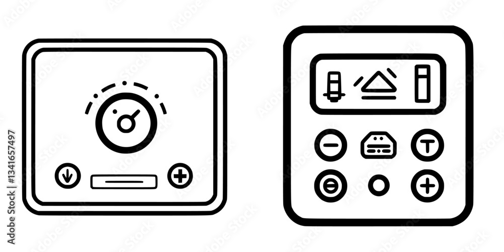 Poster control panel with analog dial and digital display for electronic device settings in a modern enviro