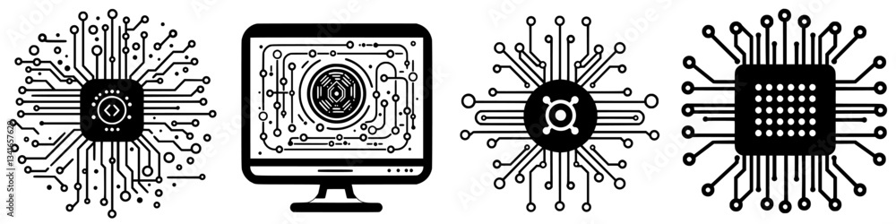 Poster circuit designs illustrate technology concepts with computer monitor and microchips displaying digit