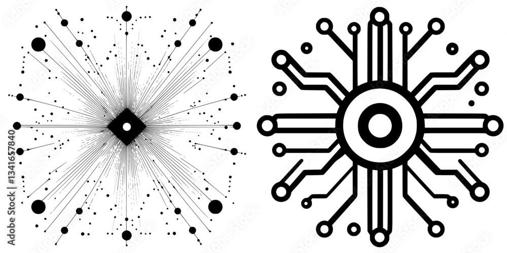 Poster abstract black and white design resembling a starburst and circuit pattern created with lines, dots,
