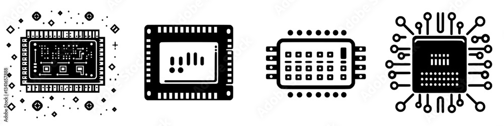 Poster various microchips showcased in a minimalistic style on a clean white background emphasizing technol