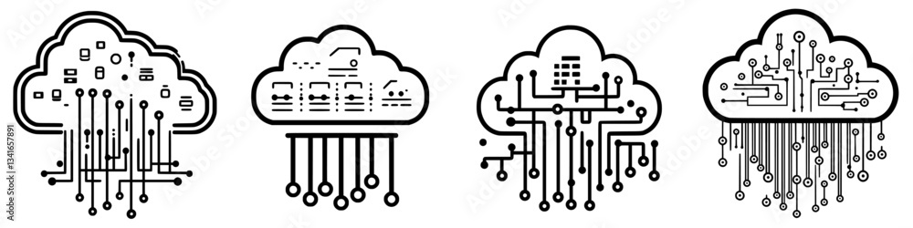 Poster symbolic representation of cloud computing with circuit designs illustrating digital technology conc
