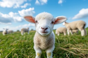 Fototapeta premium Playful lamb standing in a lush green field with other sheep grazing under a bright blue sky