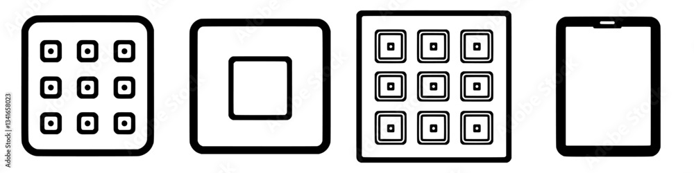 Poster unique variations of simple geometric shapes depicting buttons and screens in a minimalist design se