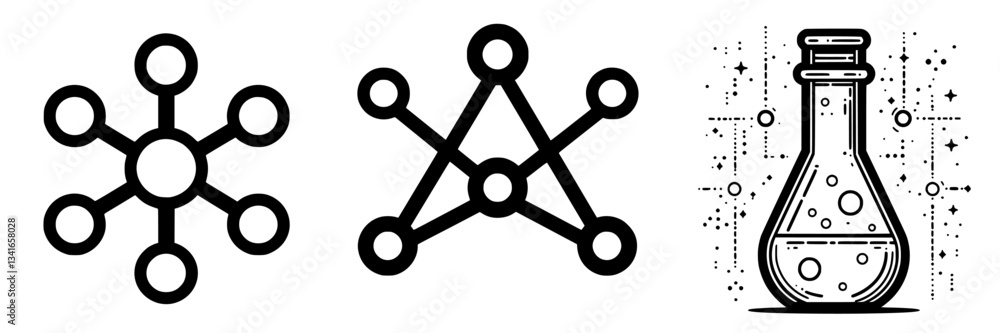 Poster symbols representing molecular structures and laboratory apparatus for scientific visualization