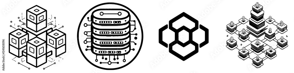 Poster complex illustrations of digital data architecture systems showing network connectivity and data str