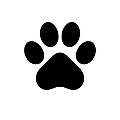 Vector black and white silhouette of a paw print, drawn with minimalist strokes