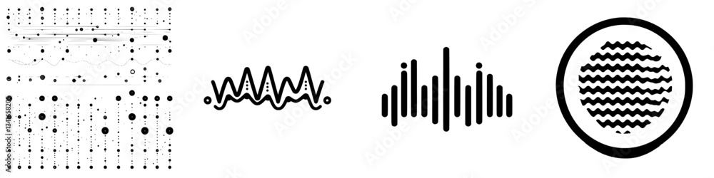 Poster abstract black and white geometric patterns showcasing sound waves and digital design elements