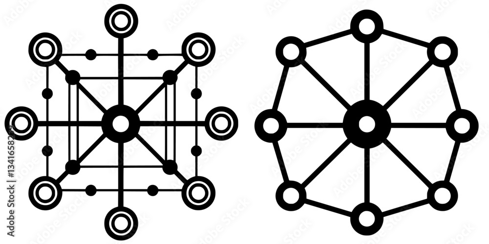 Poster complex network designs showcasing interconnected nodes and links in a symmetrical arrangement