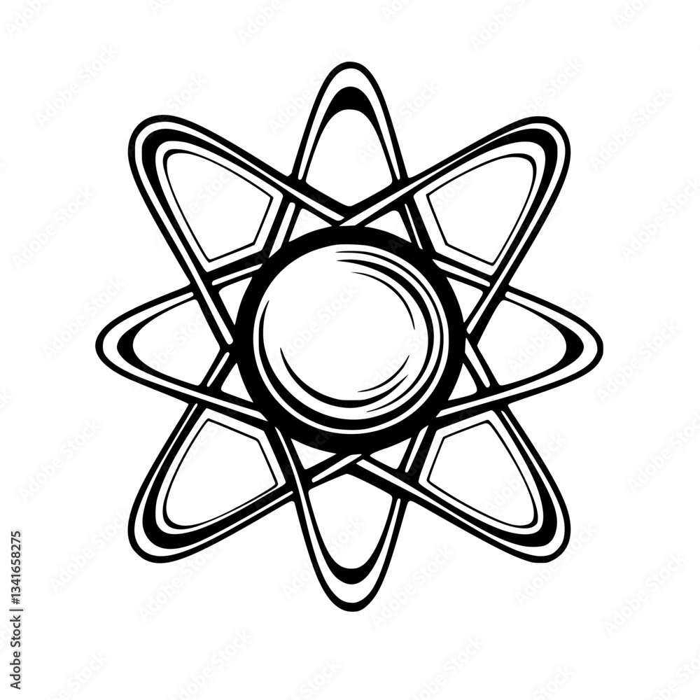 Poster symbol of atomic structure featuring an atomic nucleus surrounded by electrons in an abstract style