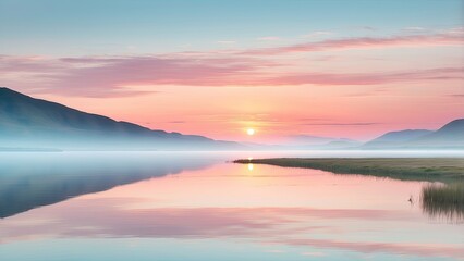 Fototapeta premium A panoramic view of a tranquil lake at twilight,
