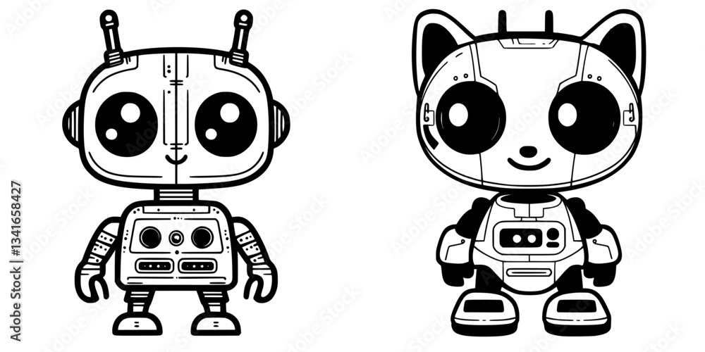Poster cute robot and cat robot duo created with simple lines and cute features in a playful style