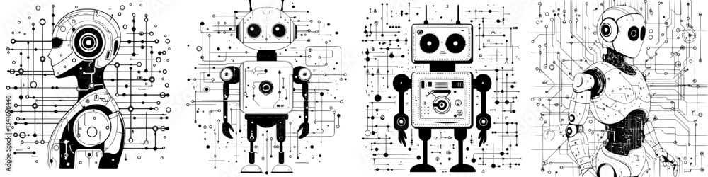 Poster robotic characters with intricate circuit designs in black and white showcasing futuristic technolog