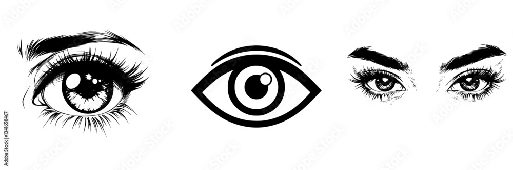 Poster artistic representation of eyes showcasing various styles and expressions in a minimalist design