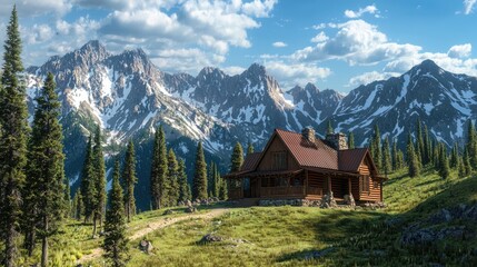 A mountain cabin surrounded by majestic peaks and pine trees.