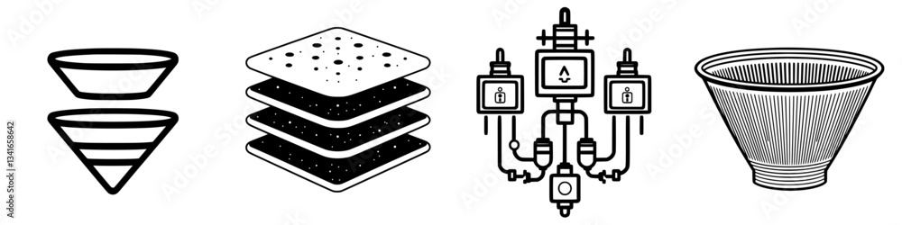 Poster unique line drawings depicting different types of funnels and filters in various designs and styles