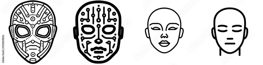 Poster unique mask designs showcasing futuristic patterns and expressions in a minimalist style