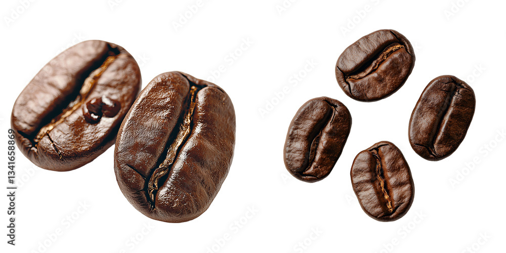 Poster Coffee beans are depicted in a realistic closeup, isolated on a transparent background and generated using stock