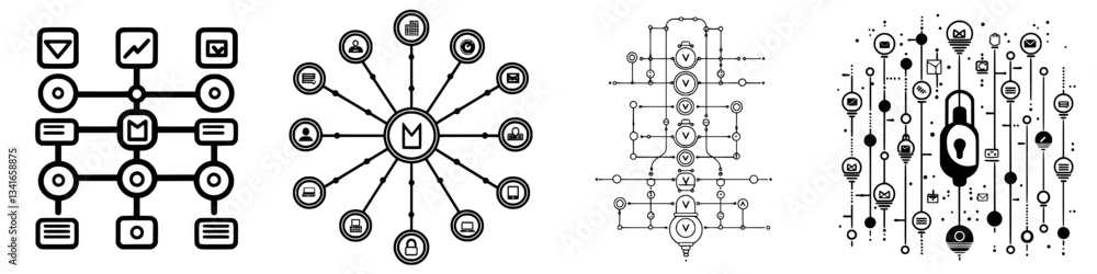 Poster visual representation of interconnected digital communication networks illustrating various nodes an