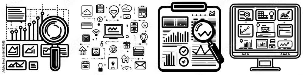 Poster data analysis and visualization tools represented through various icons at a tech workspace