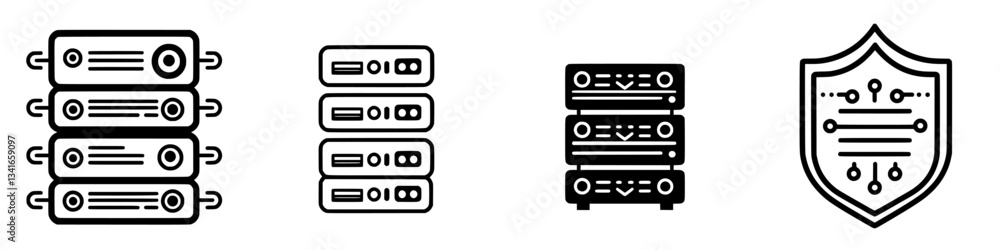 Poster collection of server icons representing data storage and network security technologies in a minimali