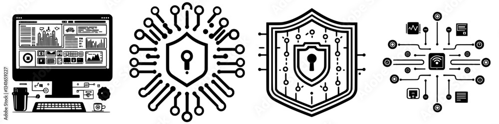Aufkleber illustration of cybersecurity concepts featuring digital shields and data protection elements in a m