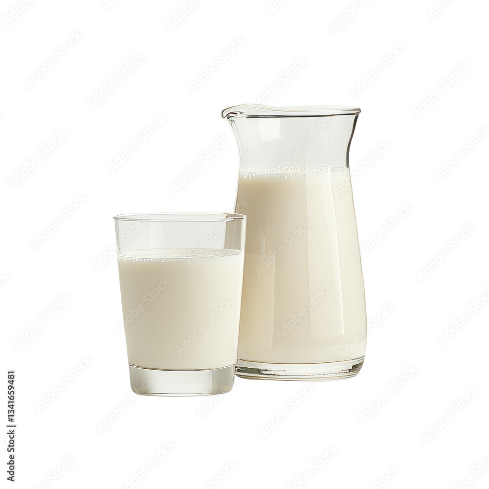 Poster a transparent background isolates a jug and a glass of milk, an image generated by generative ai