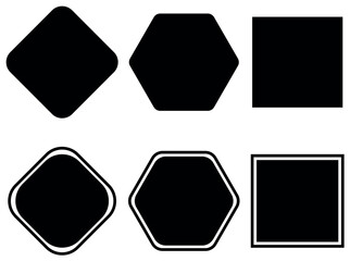 Set of black and white badges. Black abstract shape symbols and icons. Flat vector illustration isolated on white background. set of black buttons