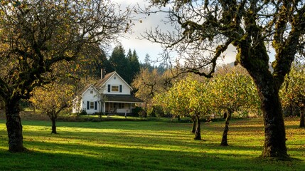 Obraz premium A peaceful orchard with a quaint home nestled among the trees.